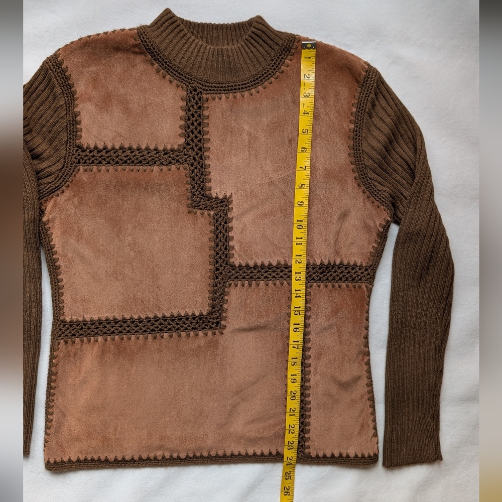Vintage Valenti Women’s Suede Patchwork Knit Sweater Boho Brown Leather Size L - Picture 8 of 16
